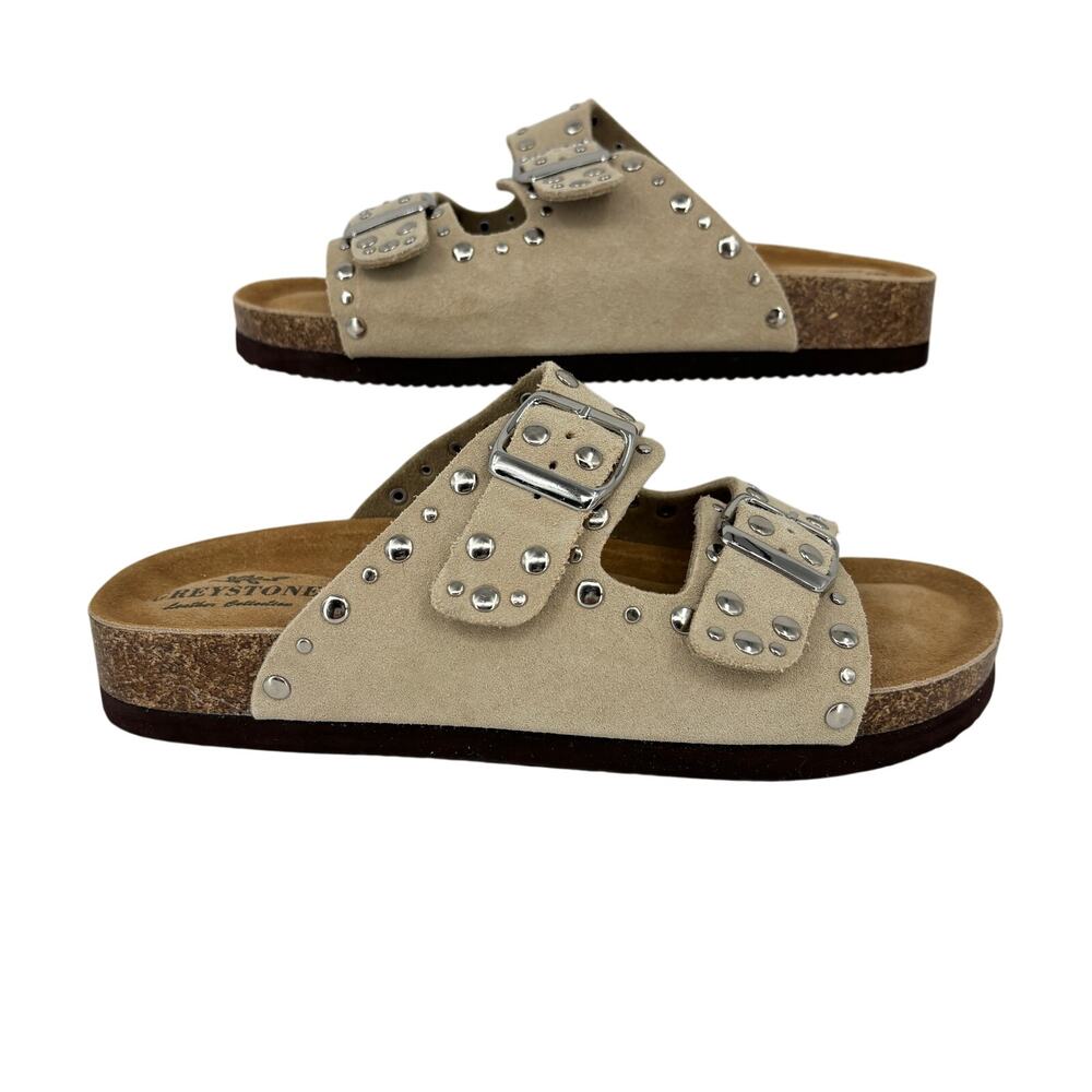Greystone Fanna Sandals Womens Size 7 Beige Suede Studded Adjustable Buckles